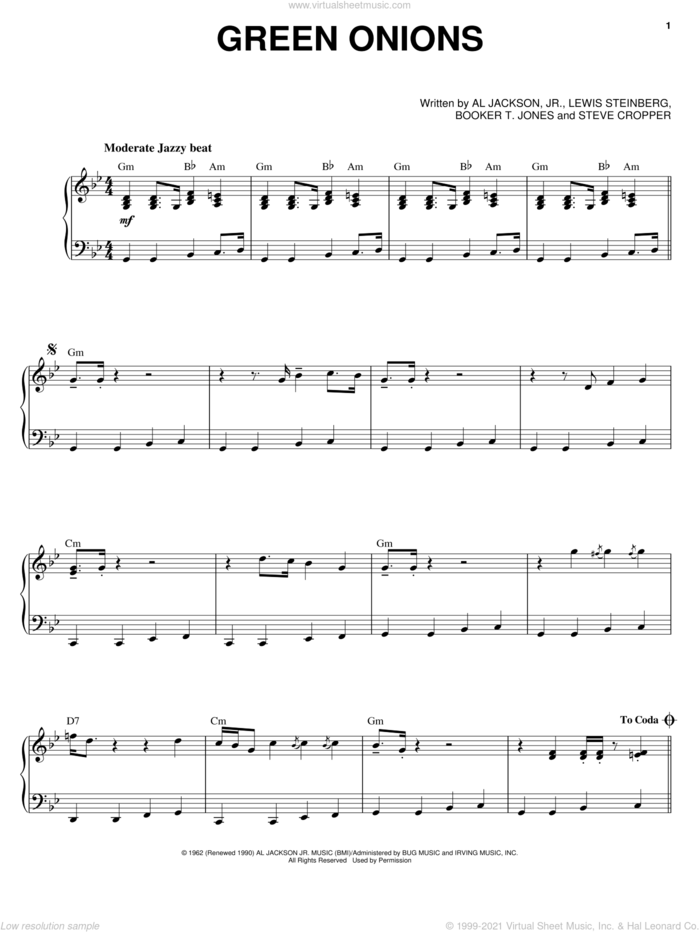 Green Onions, (intermediate) sheet music for piano solo by Booker T. & The MG's, Al Jackson Jr., Booker T. Jones and Lewis Steinberg, intermediate skill level