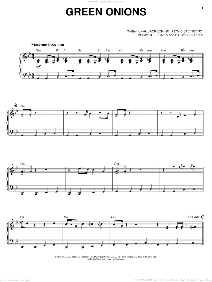 Green Onions, (intermediate) sheet music for piano solo by Booker T. & The MG's, Al Jackson Jr., Booker T. Jones and Lewis Steinberg, intermediate skill level