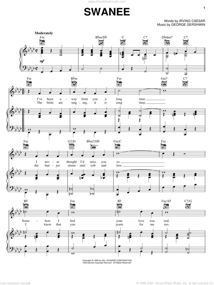 Swanee sheet music for voice, piano or guitar by George Gershwin, Al Jolson, Dean Martin, Judy Garland and Irving Caesar, intermediate skill level