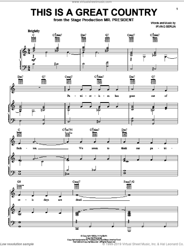 This Is A Great Country sheet music for voice, piano or guitar by Irving Berlin, intermediate skill level