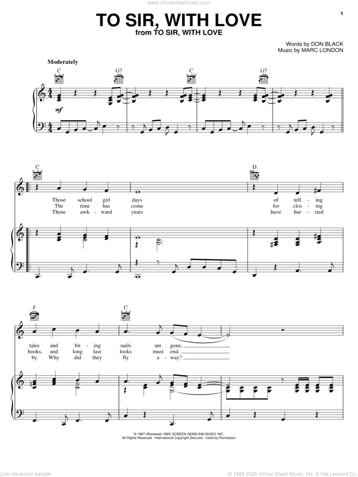 To Sir, With Love sheet music for voice, piano or guitar by Lulu, Don Black and Marc London, intermediate skill level