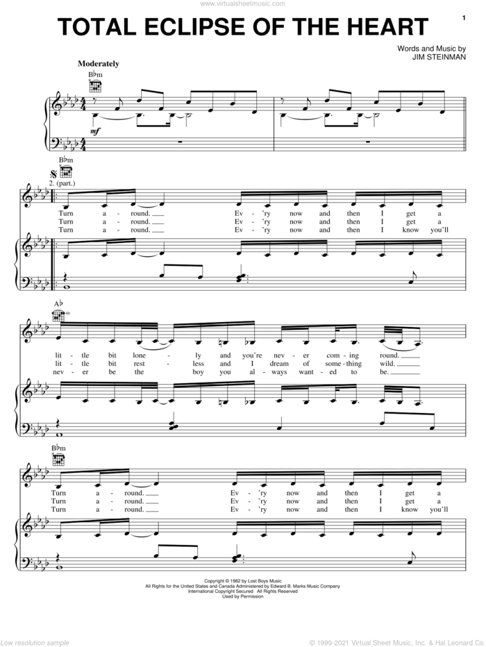 Total Eclipse Of The Heart sheet music for voice, piano or guitar by Bonnie Tyler, Miscellaneous and Jim Steinman, intermediate skill level