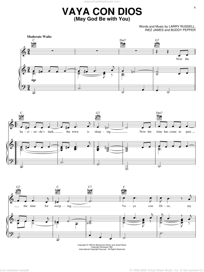 Vaya Con Dios (May God Be With You) sheet music for voice, piano or guitar by Les Paul & Mary Ford, Les Paul, Buddy Pepper, Inez James and Larry Russell, intermediate skill level