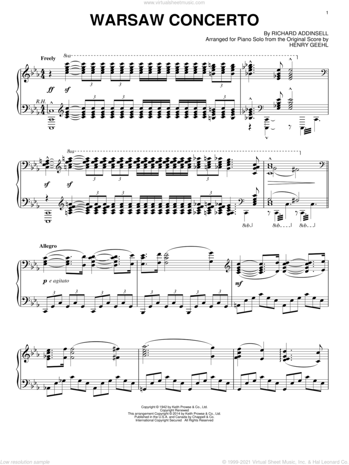 Warsaw Concerto sheet music for piano solo by Richard Addinsell, classical score, intermediate skill level