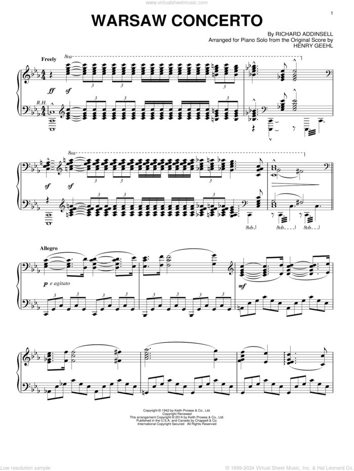 Warsaw Concerto sheet music for piano solo by Richard Addinsell, classical score, intermediate skill level