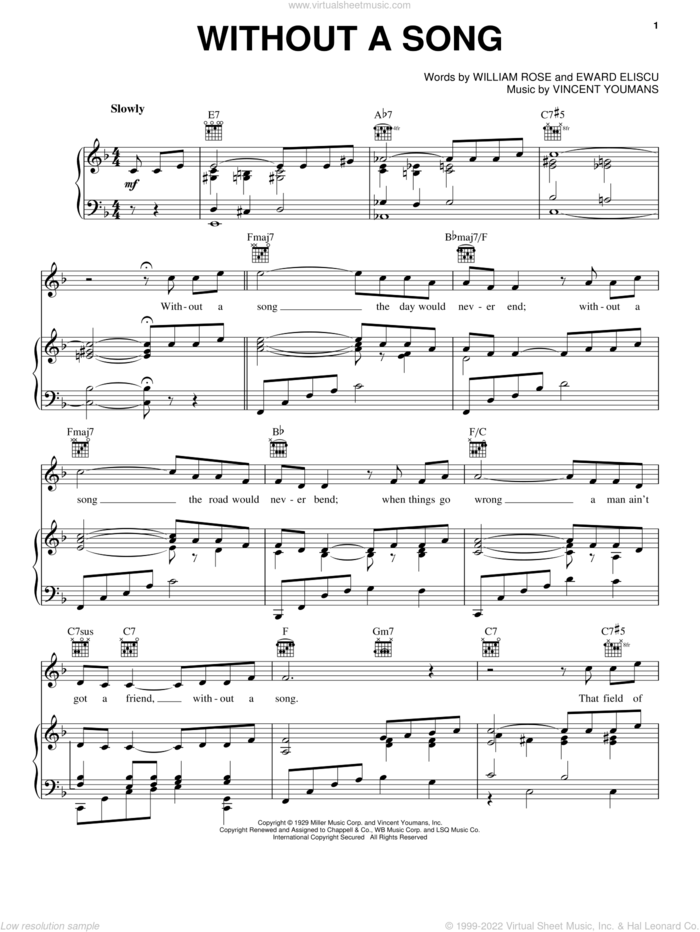 Without A Song sheet music for voice, piano or guitar by Frank Sinatra, Billy Eckstine, Duke Ellington, Mario Lanza, Perry Como, Sammy Davis, Jr., Willie Nelson, Edward Eliscu, Vincent Youmans and William Rose, intermediate skill level