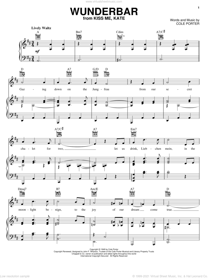 Wunderbar (from Kiss Me, Kate) sheet music for voice, piano or guitar by Cole Porter and Kiss Me, Kate (Musical), intermediate skill level