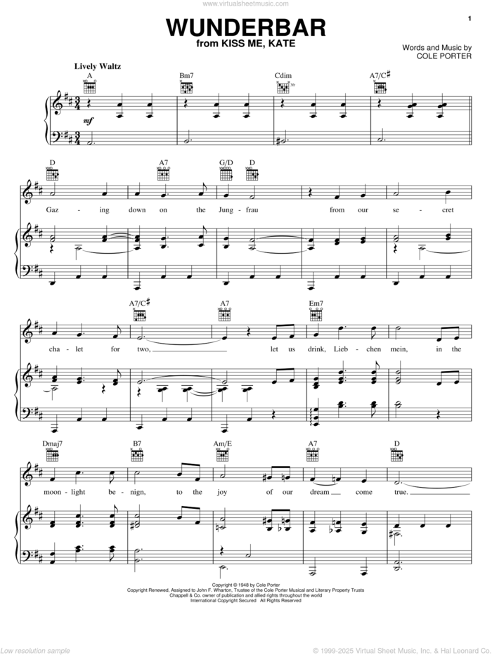 Wunderbar (from Kiss Me, Kate) sheet music for voice, piano or guitar by Cole Porter and Kiss Me, Kate (Musical), intermediate skill level