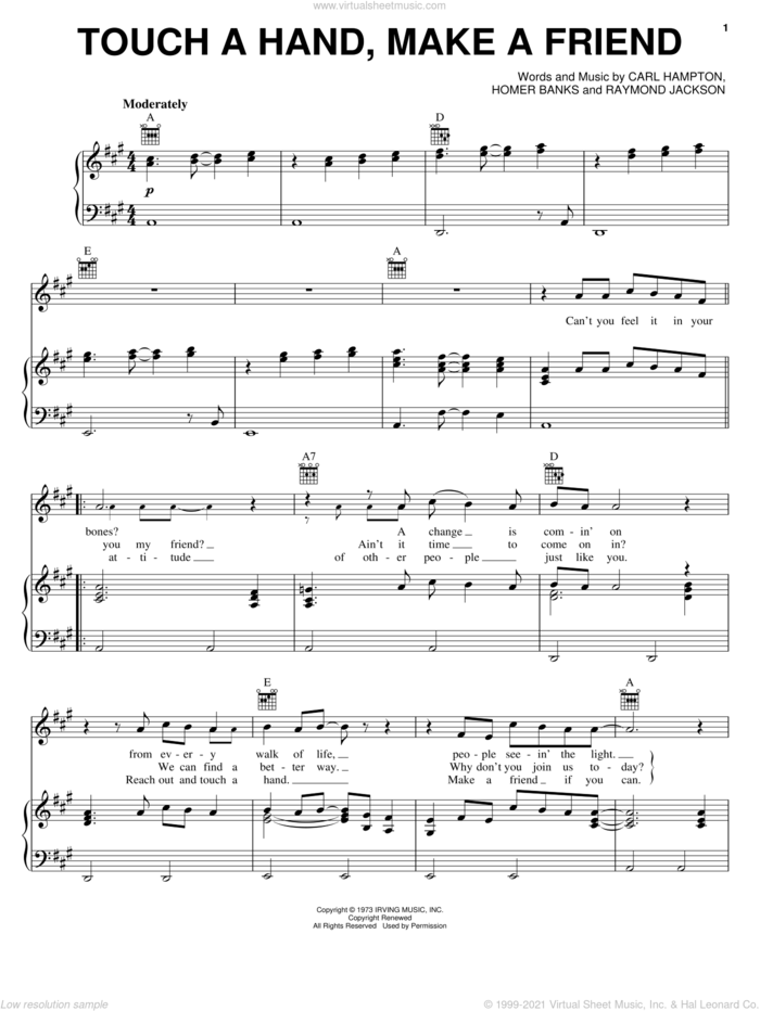 Touch A Hand, Make A Friend sheet music for voice, piano or guitar by The Staple Singers, Oak Ridge Boys, Carl Hampton, Homer Banks and Raymond Jackson, intermediate skill level