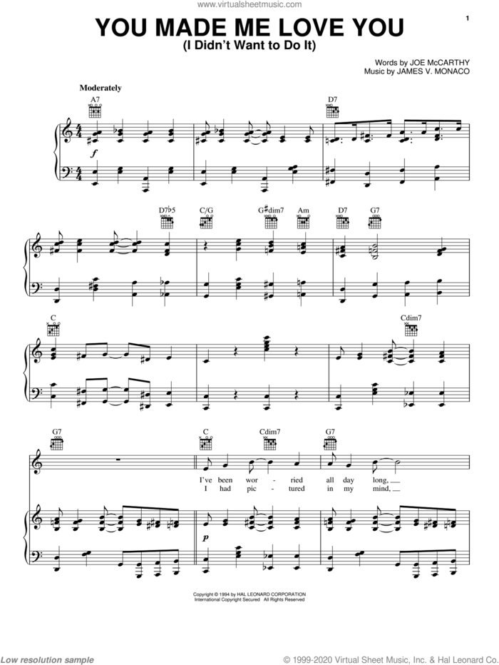 You Made Me Love You (I Didn't Want To Do It) sheet music for voice, piano or guitar by Joe McCarthy and James Monaco, intermediate skill level