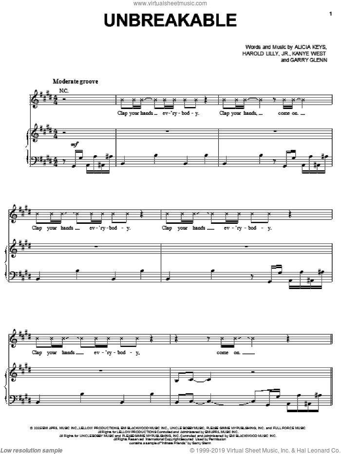 Unbreakable sheet music for voice, piano or guitar by Alicia Keys, Garry Glenn, Harold Lilly, Jr. and Kanye West, intermediate skill level