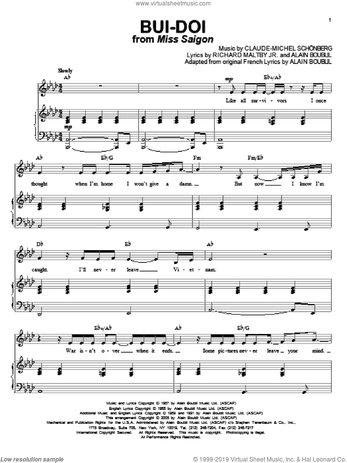 Bui-Doi sheet music for voice and piano by Claude-Michel Schonberg, Miss Saigon (Musical), Alain Boublil and Richard Maltby, Jr., intermediate skill level