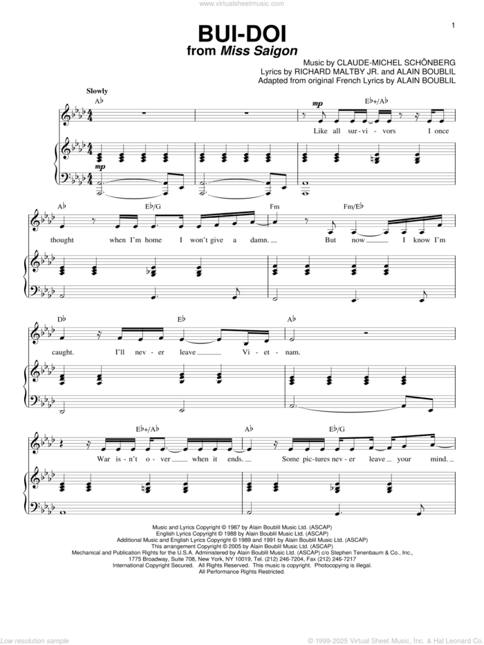 Bui-Doi sheet music for voice and piano by Claude-Michel Schonberg, Miss Saigon (Musical), Alain Boublil and Richard Maltby, Jr., intermediate skill level