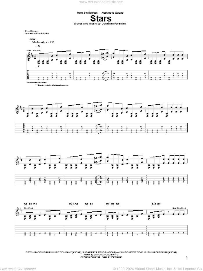 Stars sheet music for guitar (tablature) by Switchfoot and Jonathan Foreman, intermediate skill level