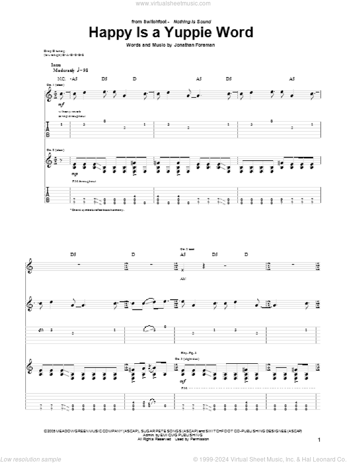 Happy Is A Yuppie Word sheet music for guitar (tablature) by Switchfoot and Jonathan Foreman, intermediate skill level