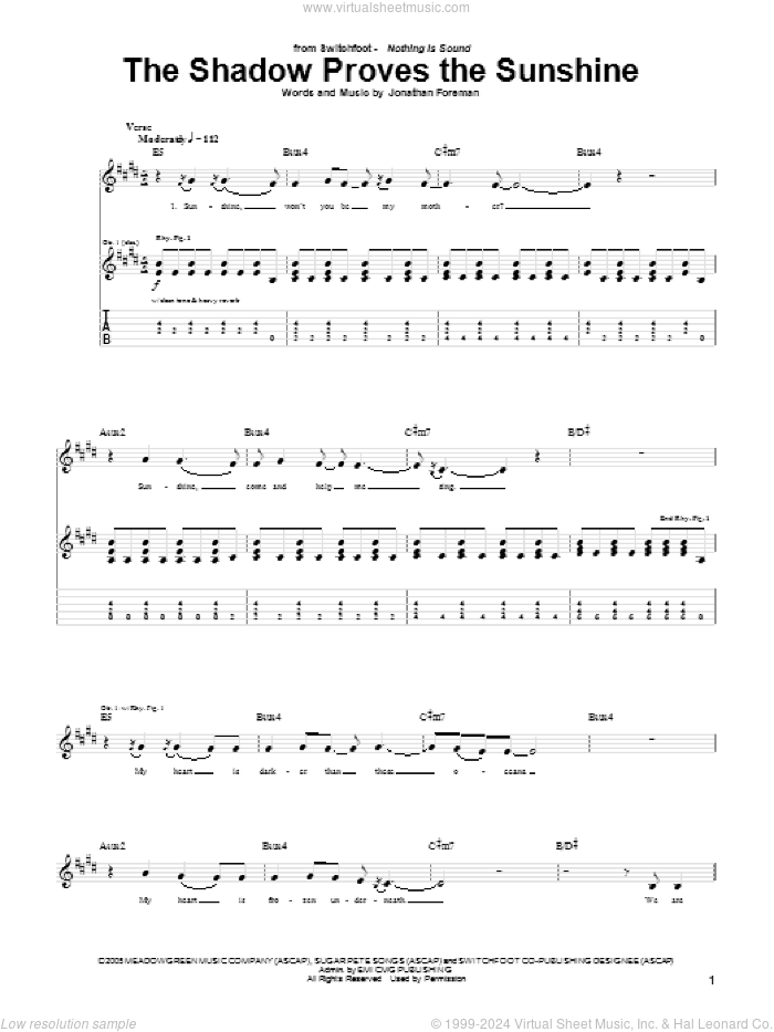 The Shadow Proves The Sunshine sheet music for guitar (tablature) by Switchfoot and Jonathan Foreman, intermediate skill level
