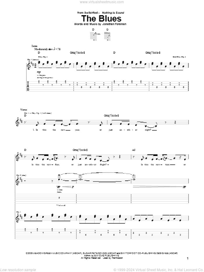 The Blues sheet music for guitar (tablature) by Switchfoot and Jonathan Foreman, intermediate skill level