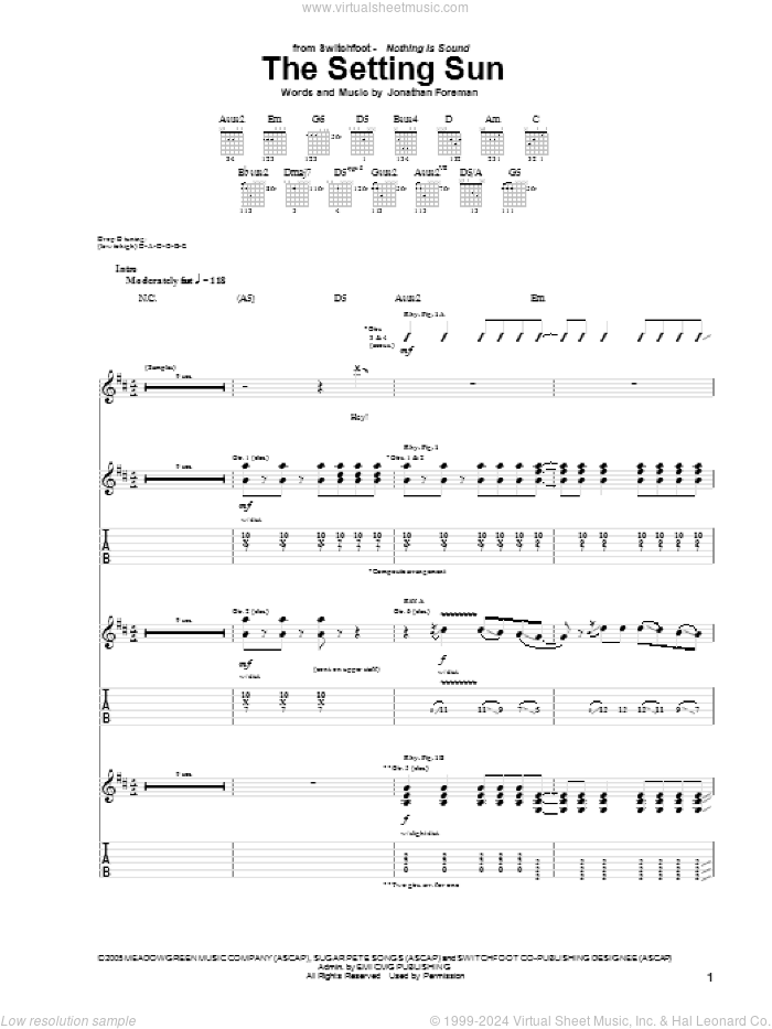 The Setting Sun sheet music for guitar (tablature) by Switchfoot and Jonathan Foreman, intermediate skill level