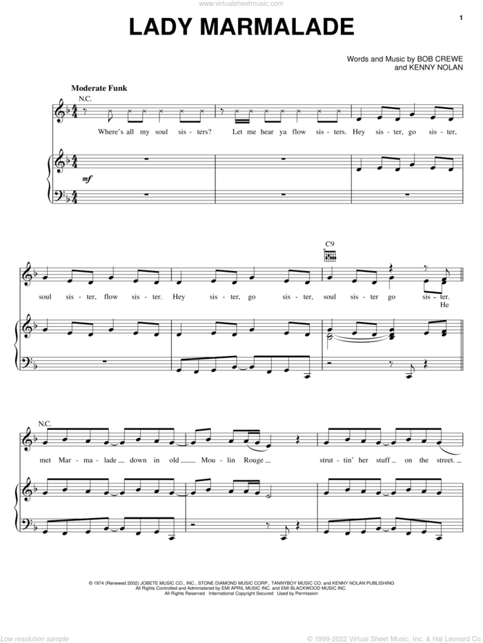 Lady Marmalade (from Moulin Rouge) sheet music for voice, piano or guitar by Christina Aguilera, Lil' Kim, Mýa & Pink, Christina Aguilera, Mya, Patti LaBelle, Bob Crewe and Kenny Nolan, intermediate skill level