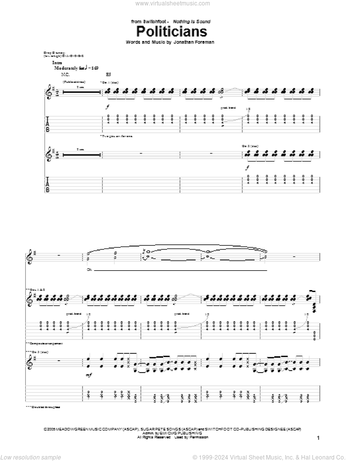 Politicians sheet music for guitar (tablature) by Switchfoot and Jonathan Foreman, intermediate skill level