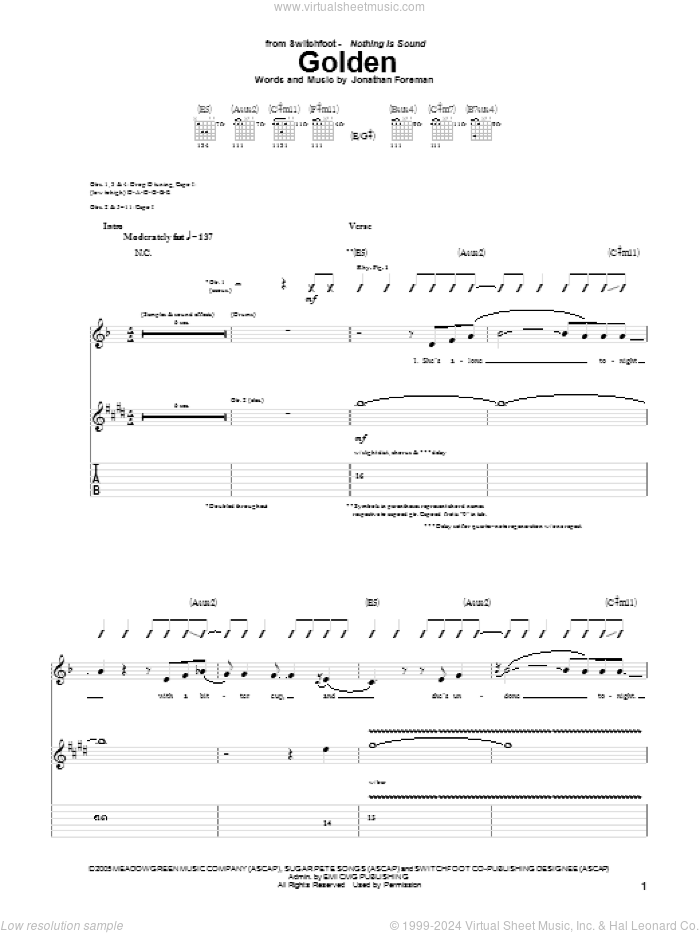 Golden sheet music for guitar (tablature) by Switchfoot and Jonathan Foreman, intermediate skill level