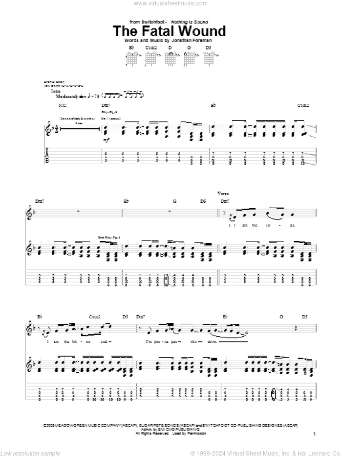 The Fatal Wound sheet music for guitar (tablature) by Switchfoot and Jonathan Foreman, intermediate skill level