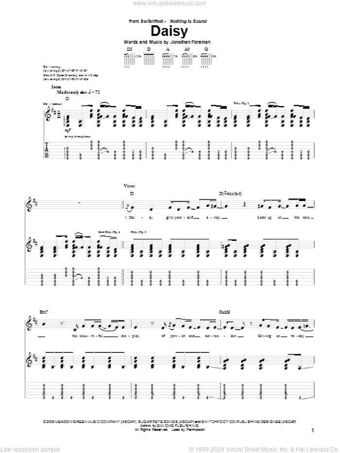 Daisy sheet music for guitar (tablature) by Switchfoot and Jonathan Foreman, intermediate skill level