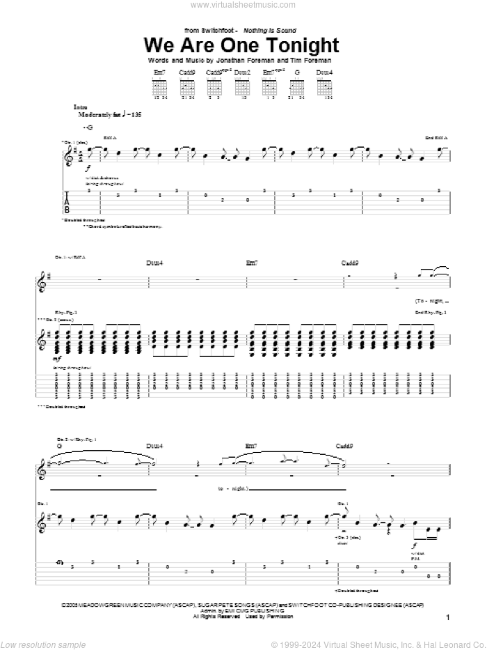 We Are One Tonight sheet music for guitar (tablature) by Switchfoot, Jonathan Foreman and Tim Foreman, intermediate skill level