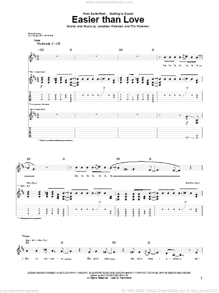 Easier Than Love sheet music for guitar (tablature) by Switchfoot, Jonathan Foreman and Tim Foreman, intermediate skill level
