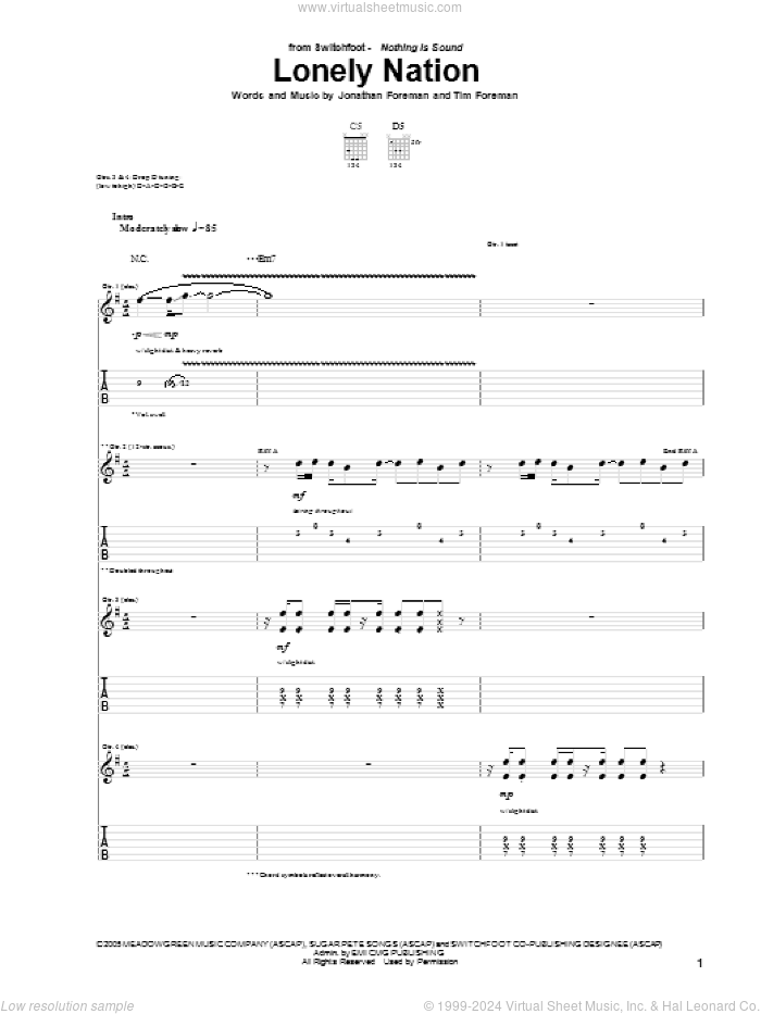 Lonely Nation sheet music for guitar (tablature) by Switchfoot, Jonathan Foreman and Tim Foreman, intermediate skill level