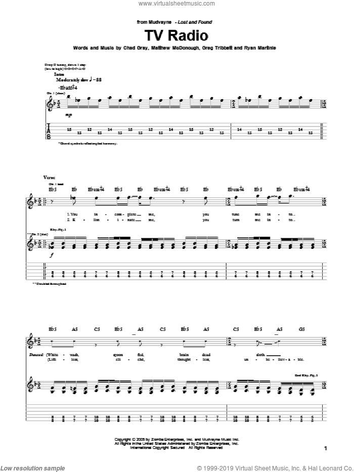 TV Radio sheet music for guitar (tablature) by Mudvayne, Chad Gray, Greg Tribbett, Matthew McDonough and Ryan Martinie, intermediate skill level