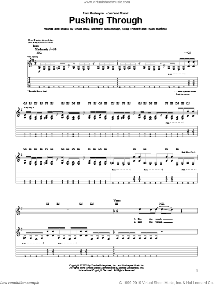 Pushing Through sheet music for guitar (tablature) by Mudvayne, Chad Gray, Greg Tribbett, Matthew McDonough and Ryan Martinie, intermediate skill level
