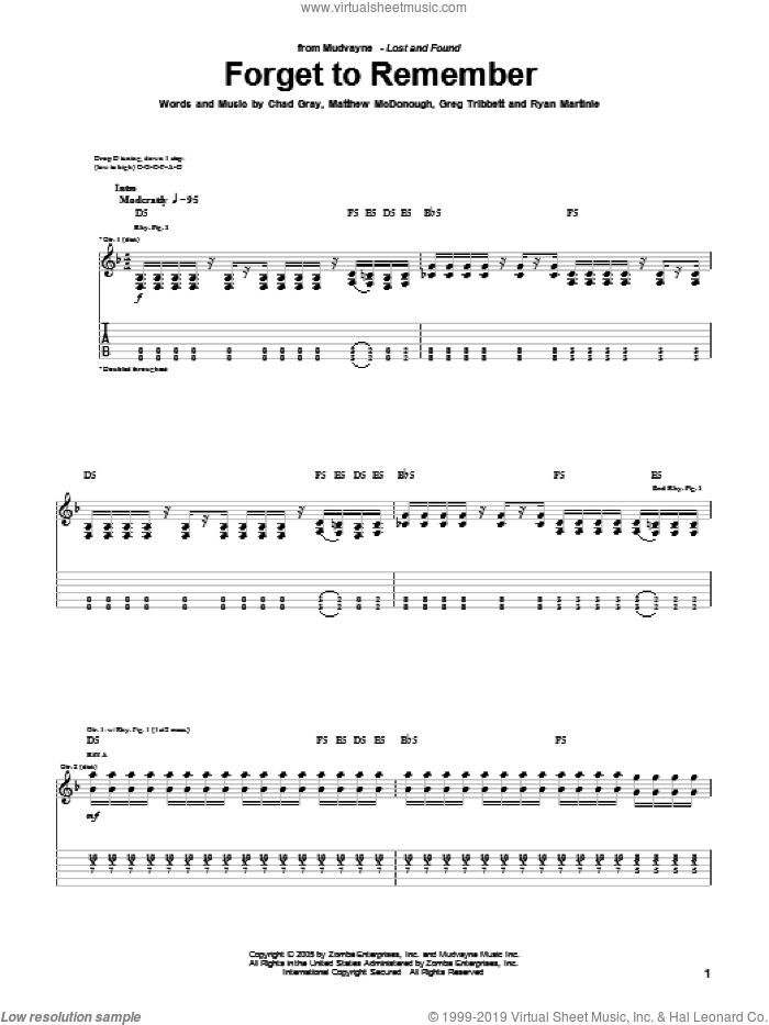 Forget To Remember sheet music for guitar (tablature) by Mudvayne, Chad Gray, Greg Tribbett, Matthew McDonough and Ryan Martinie, intermediate skill level