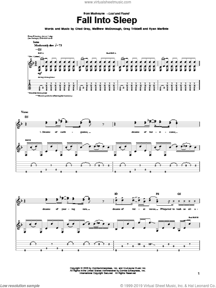 Fall Into Sleep sheet music for guitar (tablature) by Mudvayne, Chad Gray, Greg Tribbett, Matthew McDonough and Ryan Martinie, intermediate skill level