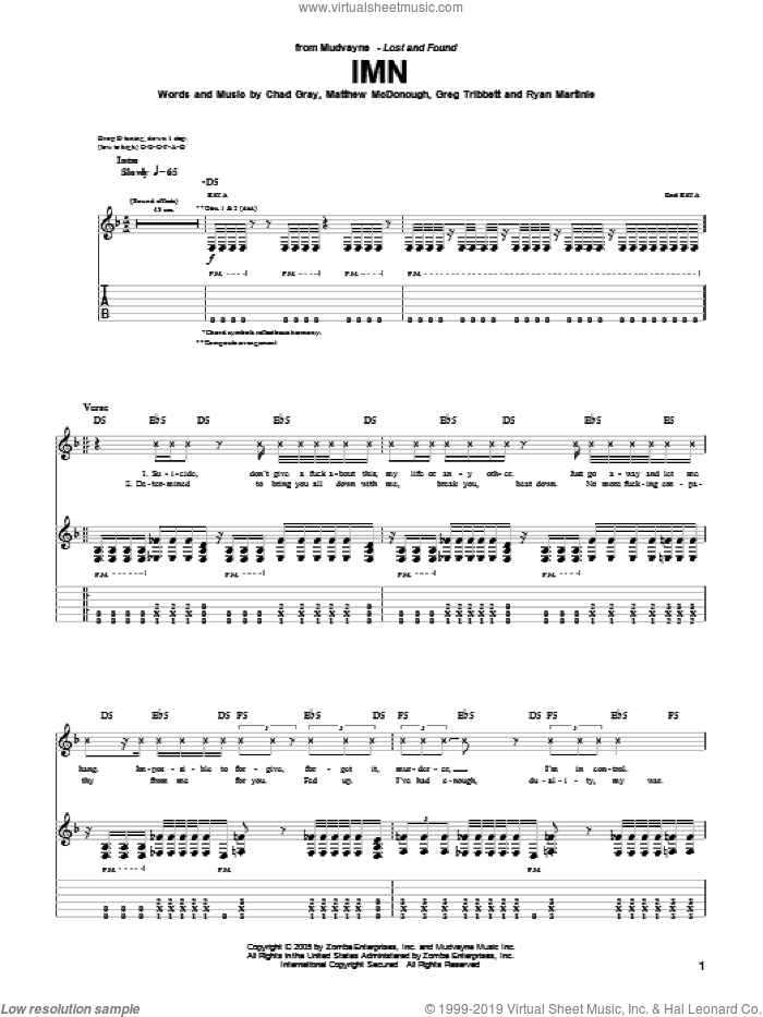 IMN sheet music for guitar (tablature) by Mudvayne, Chad Gray, Greg Tribbett, Matthew McDonough and Ryan Martinie, intermediate skill level