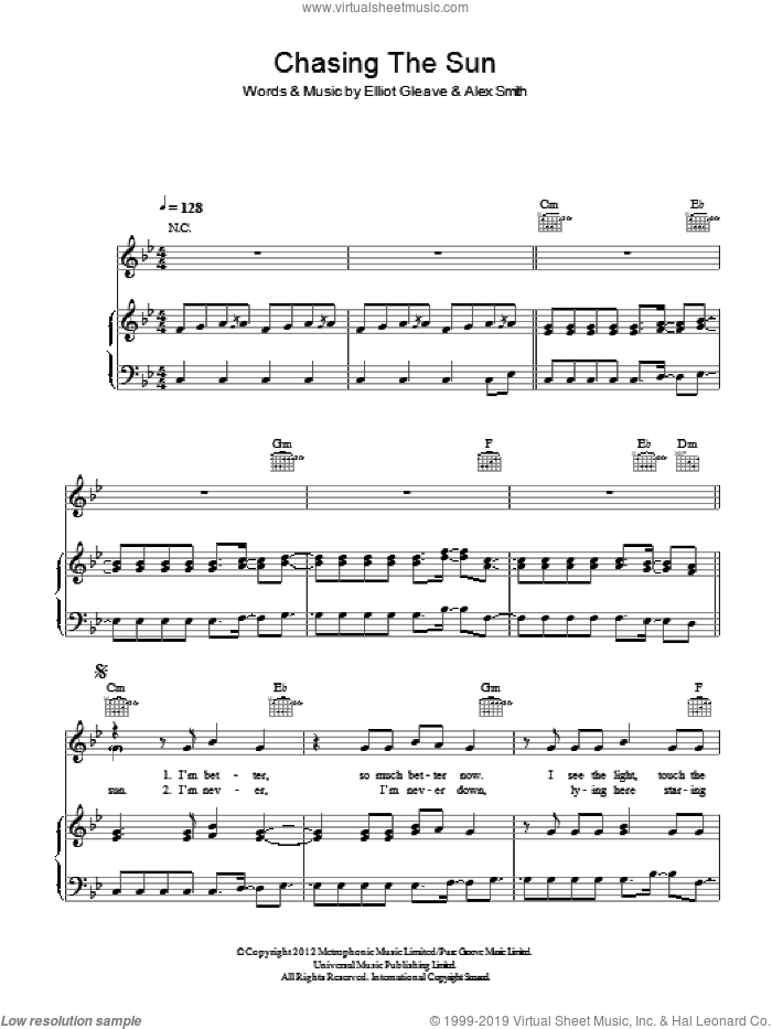 Chasing The Sun sheet music for voice, piano or guitar by The Wanted, Alex Smith and Elliot Gleave, intermediate skill level