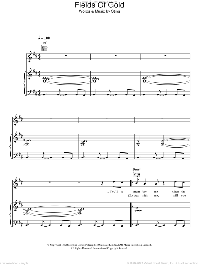Fields Of Gold sheet music for voice, piano or guitar by Sting and Eva Cassidy, intermediate skill level