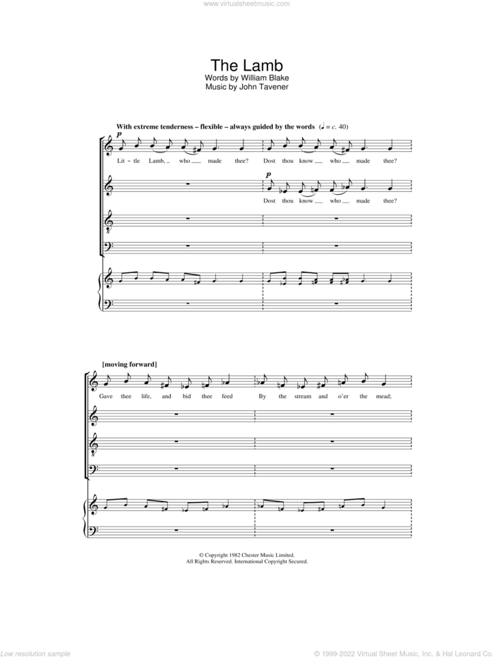 The Lamb sheet music for choir by John Tavener and William Blake, intermediate skill level