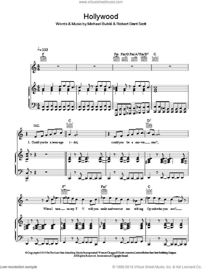 Hollywood sheet music for voice, piano or guitar by Michael Buble and Robert Grant Scott, intermediate skill level