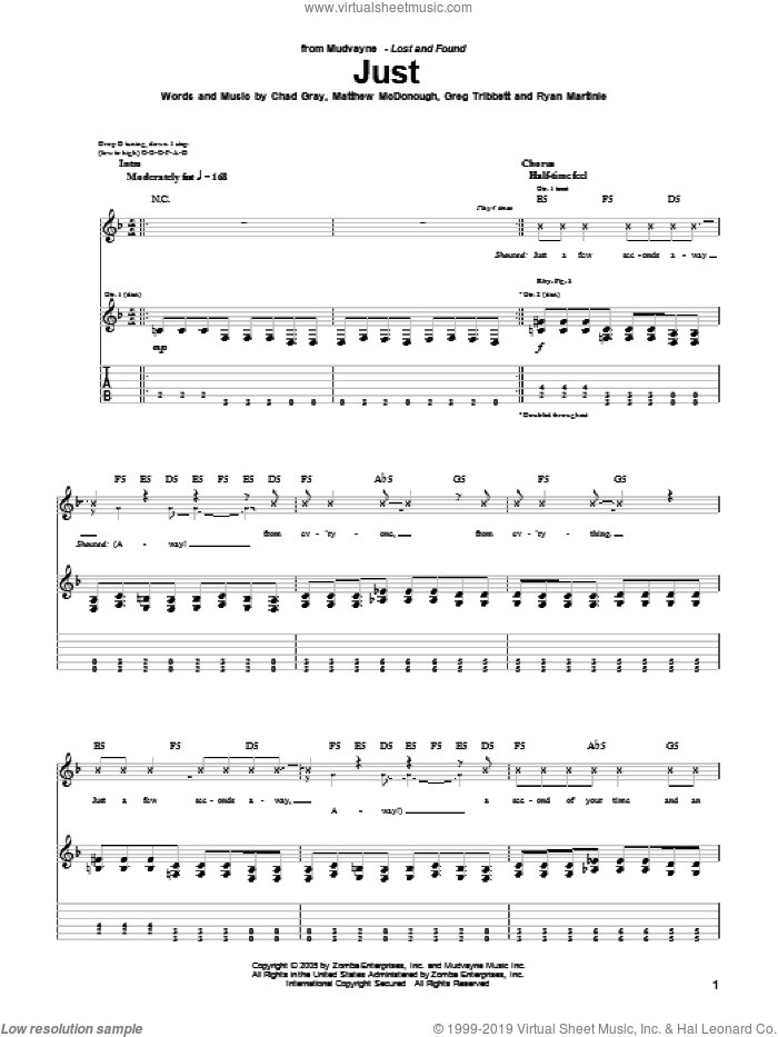 Just sheet music for guitar (tablature) by Mudvayne, Chad Gray, Greg Tribbett, Matthew McDonough and Ryan Martinie, intermediate skill level