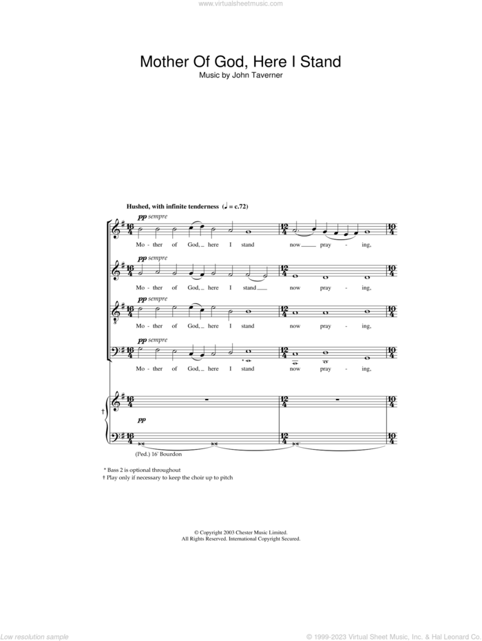 Mother Of God, Here I Stand sheet music for choir (SATB: soprano, alto, tenor, bass) by John Tavener and John Taverner, intermediate skill level