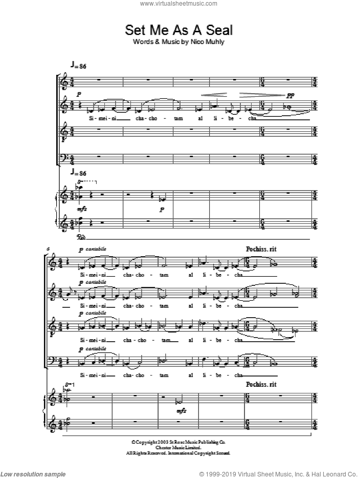 Set Me As A Seal sheet music for choir by Nico Muhly, intermediate skill level