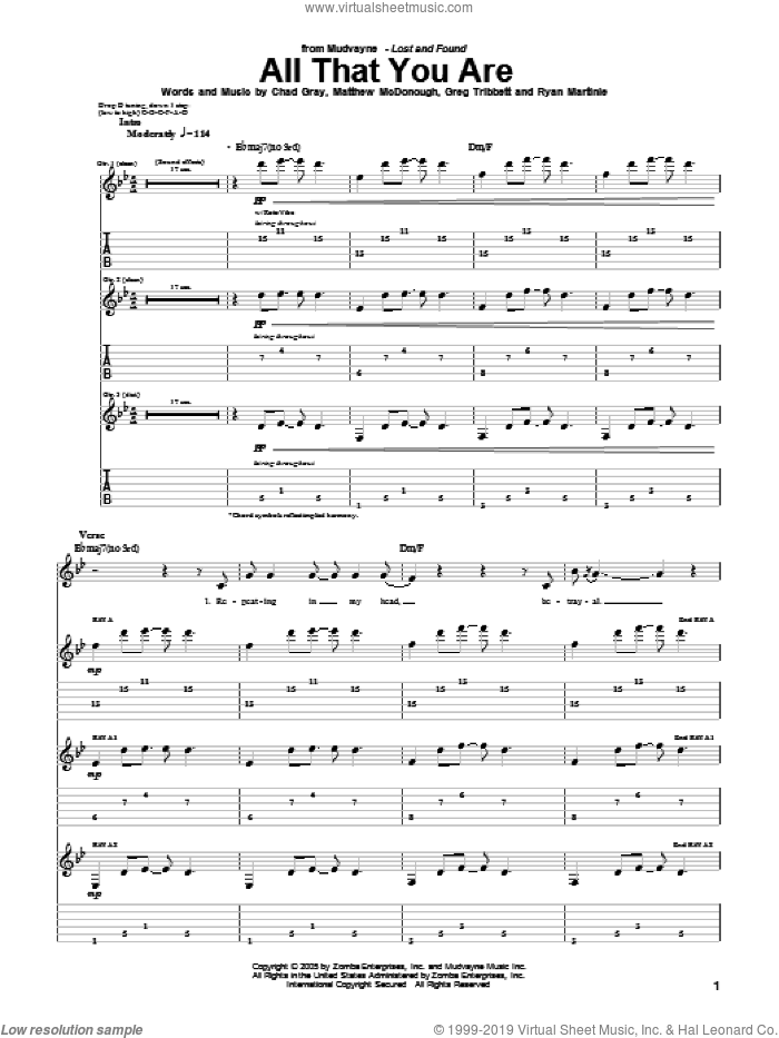 All That You Are sheet music for guitar (tablature) by Mudvayne, Chad Gray, Greg Tribbett, Matthew McDonough and Ryan Martinie, intermediate skill level