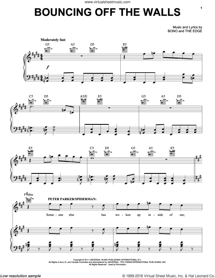 Bouncing Off The Walls sheet music for voice, piano or guitar by Bono & The Edge and Spider Man: Turn Off The Dark (Musical), intermediate skill level