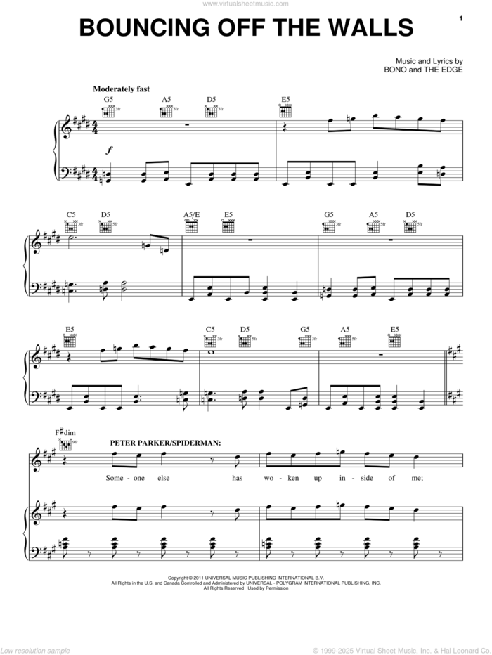 Bouncing Off The Walls sheet music for voice, piano or guitar by Bono & The Edge and Spider Man: Turn Off The Dark (Musical), intermediate skill level