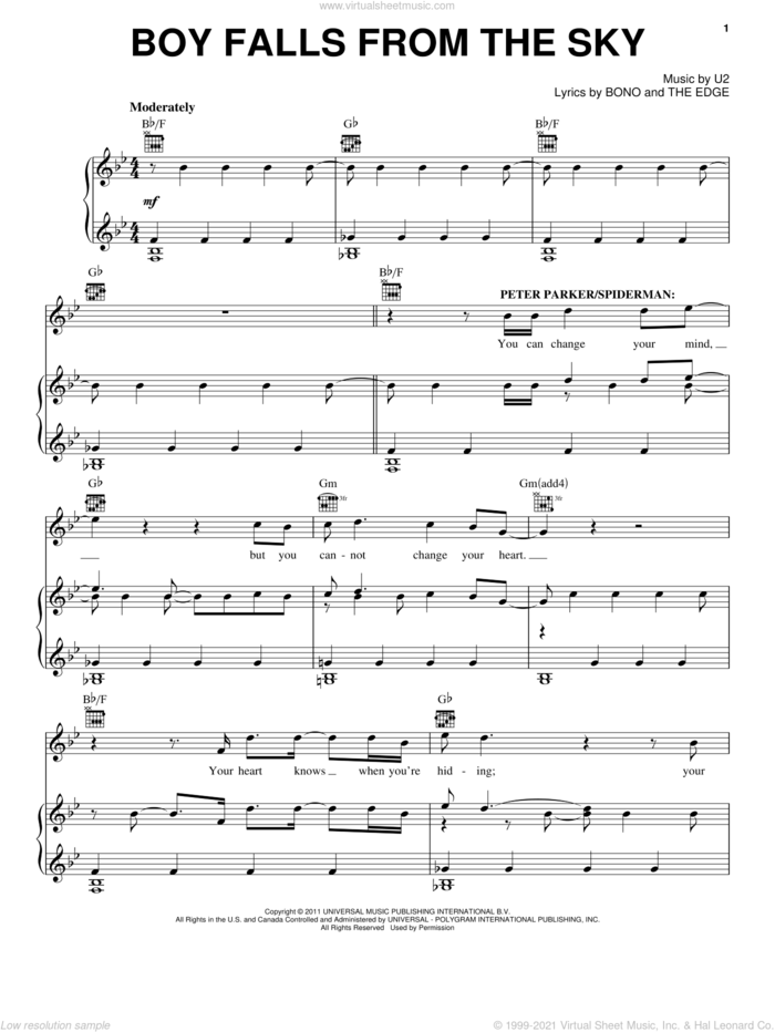 Boy Falls From The Sky sheet music for voice, piano or guitar by Bono & The Edge and Spider Man: Turn Off The Dark (Musical), intermediate skill level