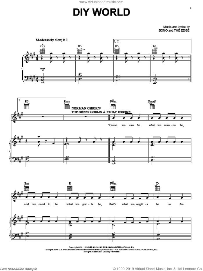DIY World sheet music for voice, piano or guitar by Bono & The Edge and Spider Man: Turn Off The Dark (Musical), intermediate skill level