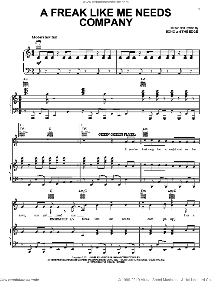 A Freak Like Me Needs Company sheet music for voice, piano or guitar by Bono & The Edge and Spider Man: Turn Off The Dark (Musical), intermediate skill level
