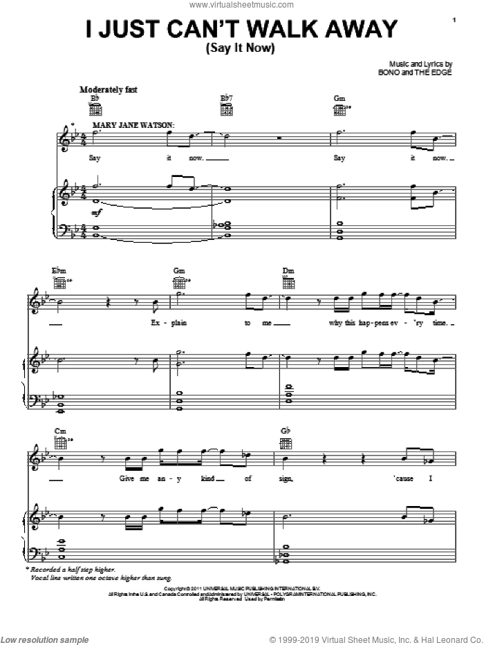 I Just Can't Walk Away (Say It Now) sheet music for voice, piano or guitar by Bono & The Edge and Spider Man: Turn Off The Dark (Musical), intermediate skill level