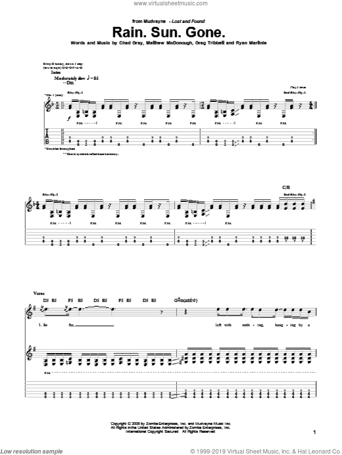 Rain.Sun.Gone sheet music for guitar (tablature) by Mudvayne, Chad Gray, Greg Tribbett, Matthew McDonough and Ryan Martinie, intermediate skill level